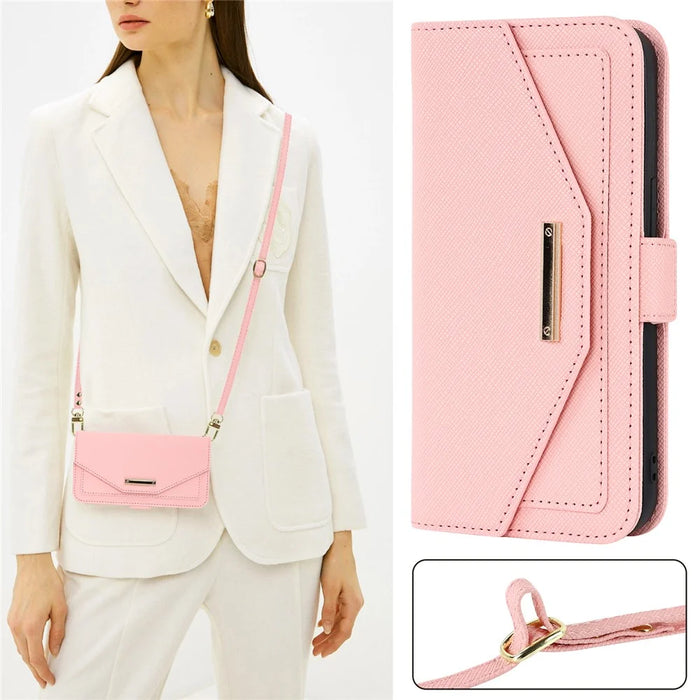 For Sony Xperia 10 VI Stand Case Cross Texture PU Leather Wallet Phone Cover with Shoulder Strap  /  Makeup Mirror - Pink - 7