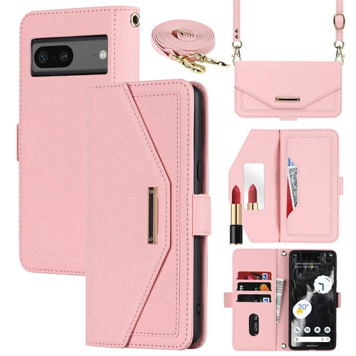 For Google Pixel 7 5G Stand Case Cross Texture PU Leather Wallet Phone Cover with Shoulder Strap  /  Makeup Mirror - Pink - 1