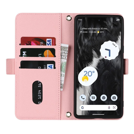 For Google Pixel 7 5G Stand Case Cross Texture PU Leather Wallet Phone Cover with Shoulder Strap  /  Makeup Mirror - Pink - 2