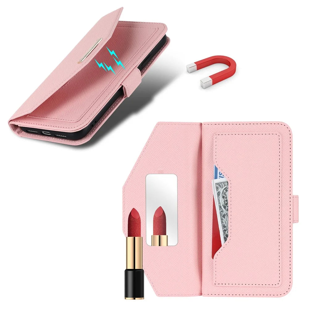 For Google Pixel 7 5G Stand Case Cross Texture PU Leather Wallet Phone Cover with Shoulder Strap  /  Makeup Mirror - Pink - 6