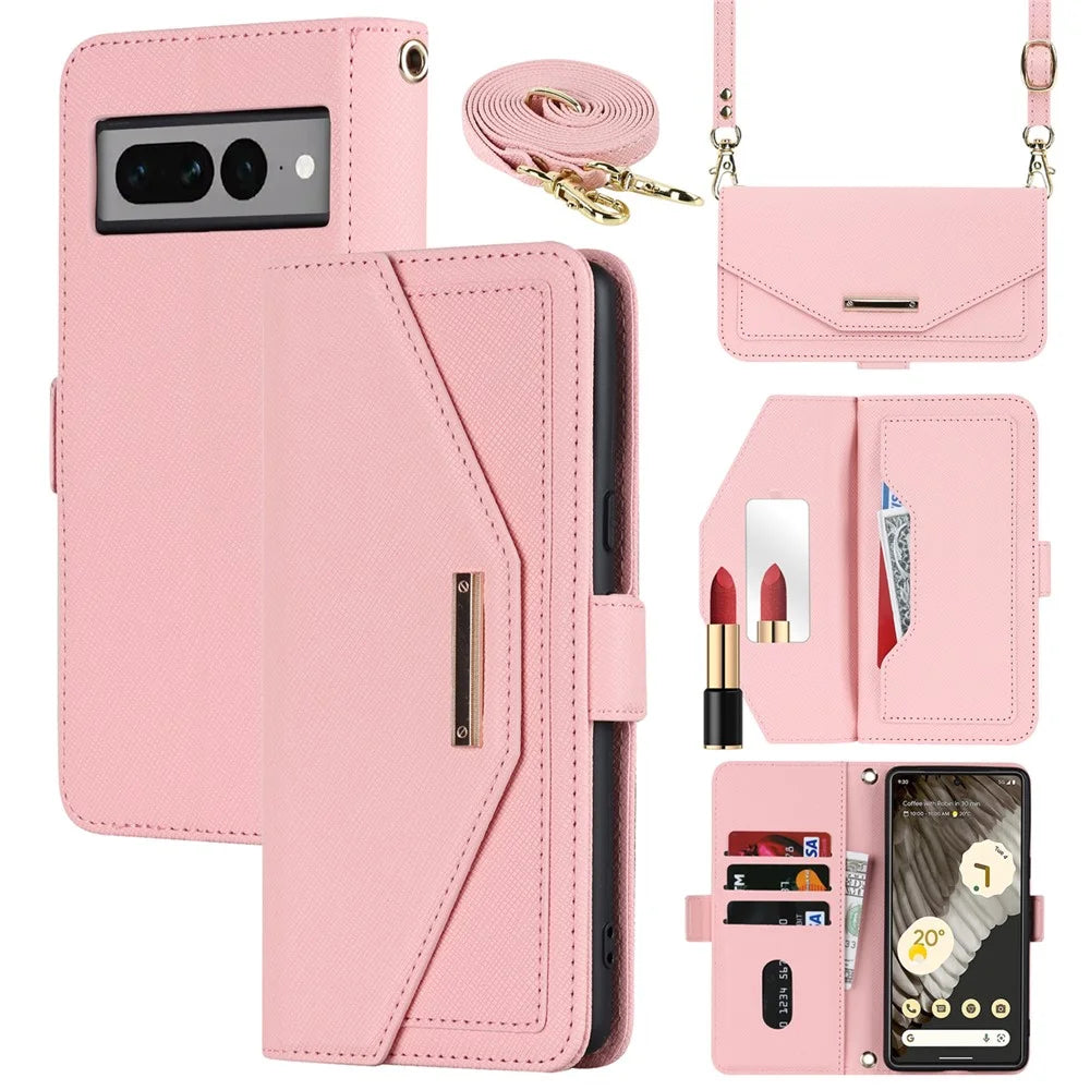 For Google Pixel 7 Pro 5G Stand Case Cross Texture PU Leather Wallet Phone Cover with Shoulder Strap  /  Makeup Mirror - Pink - 1