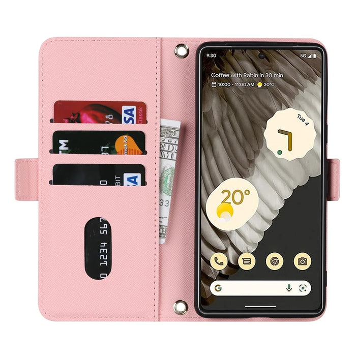 For Google Pixel 7 Pro 5G Stand Case Cross Texture PU Leather Wallet Phone Cover with Shoulder Strap  /  Makeup Mirror - Pink - 2