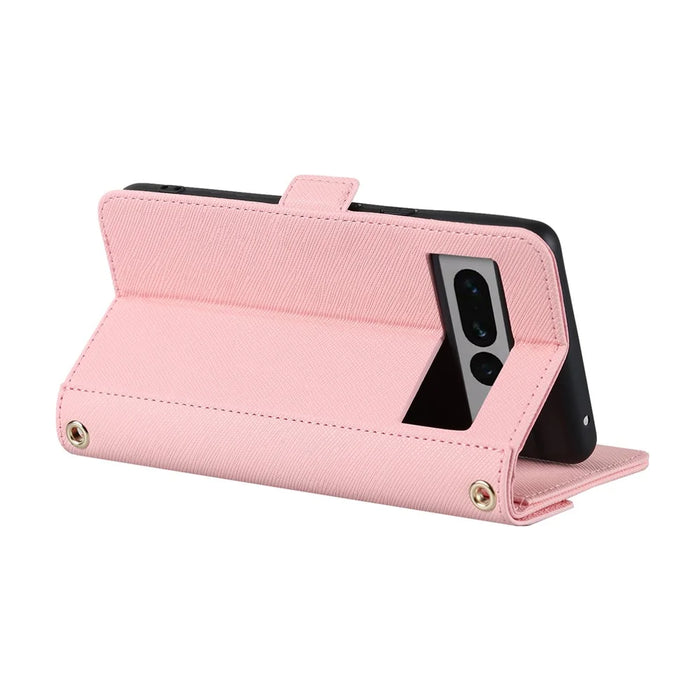 For Google Pixel 7 Pro 5G Stand Case Cross Texture PU Leather Wallet Phone Cover with Shoulder Strap  /  Makeup Mirror - Pink - 3