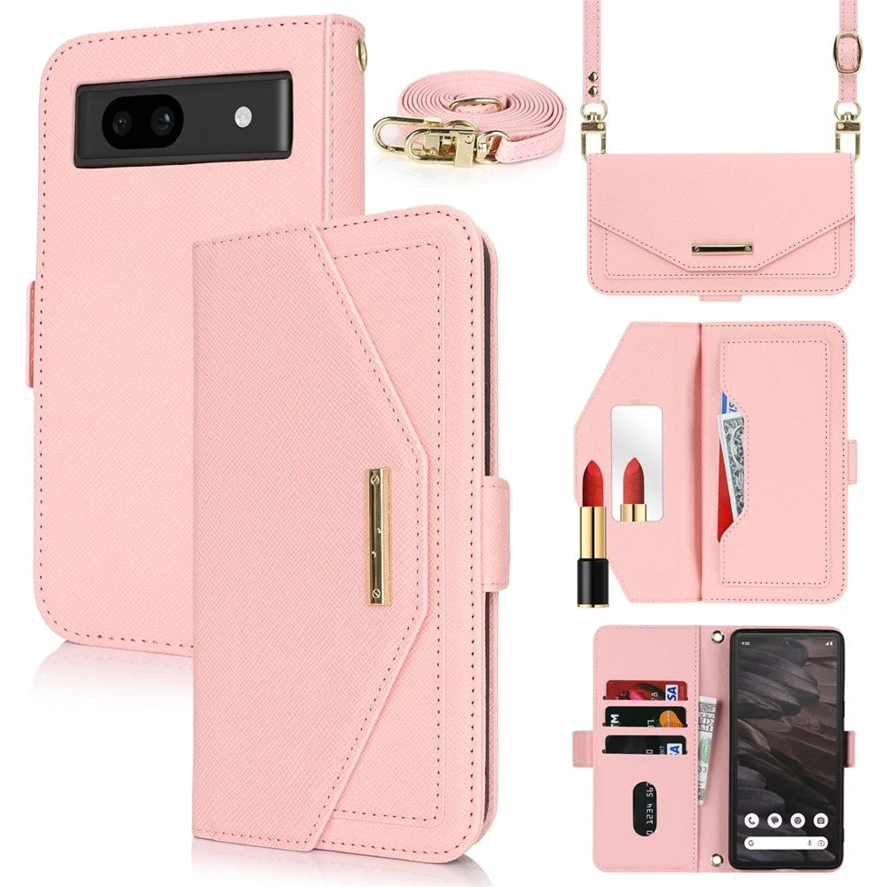 For Google Pixel 7a Stand Case Cross Texture PU Leather Wallet Phone Cover with Shoulder Strap  /  Makeup Mirror - Pink - 1