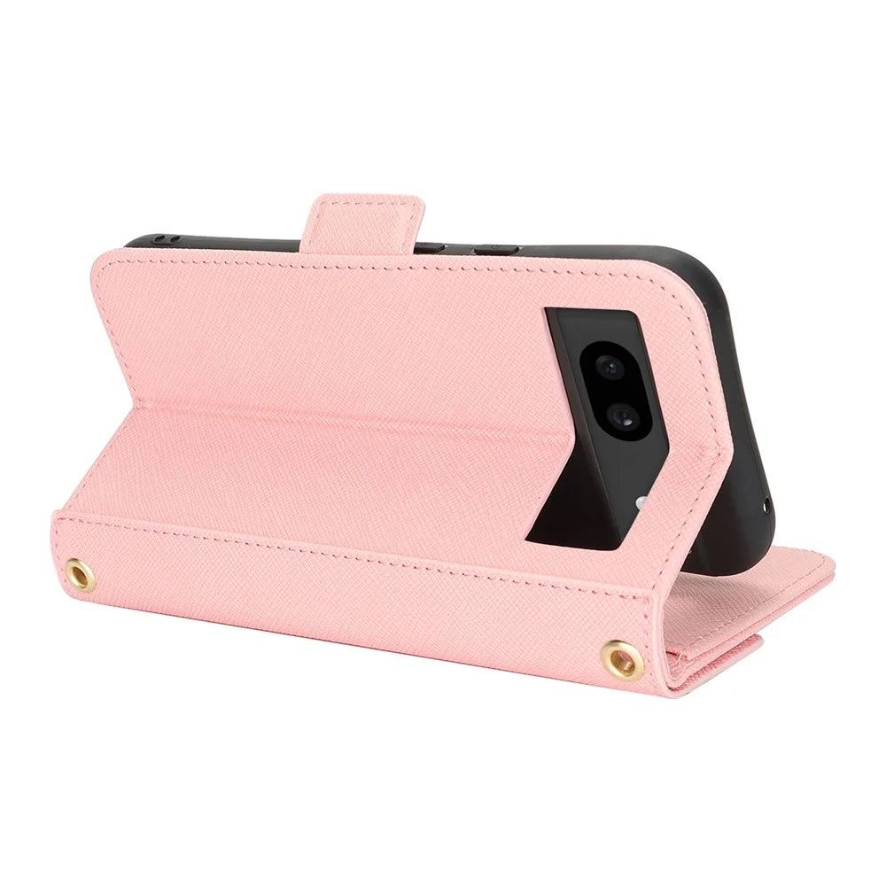 For Google Pixel 7a Stand Case Cross Texture PU Leather Wallet Phone Cover with Shoulder Strap  /  Makeup Mirror - Pink - 2