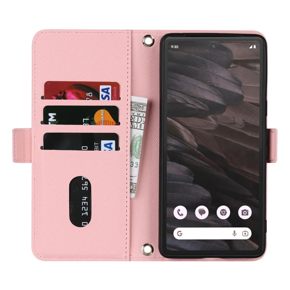 For Google Pixel 7a Stand Case Cross Texture PU Leather Wallet Phone Cover with Shoulder Strap  /  Makeup Mirror - Pink - 3