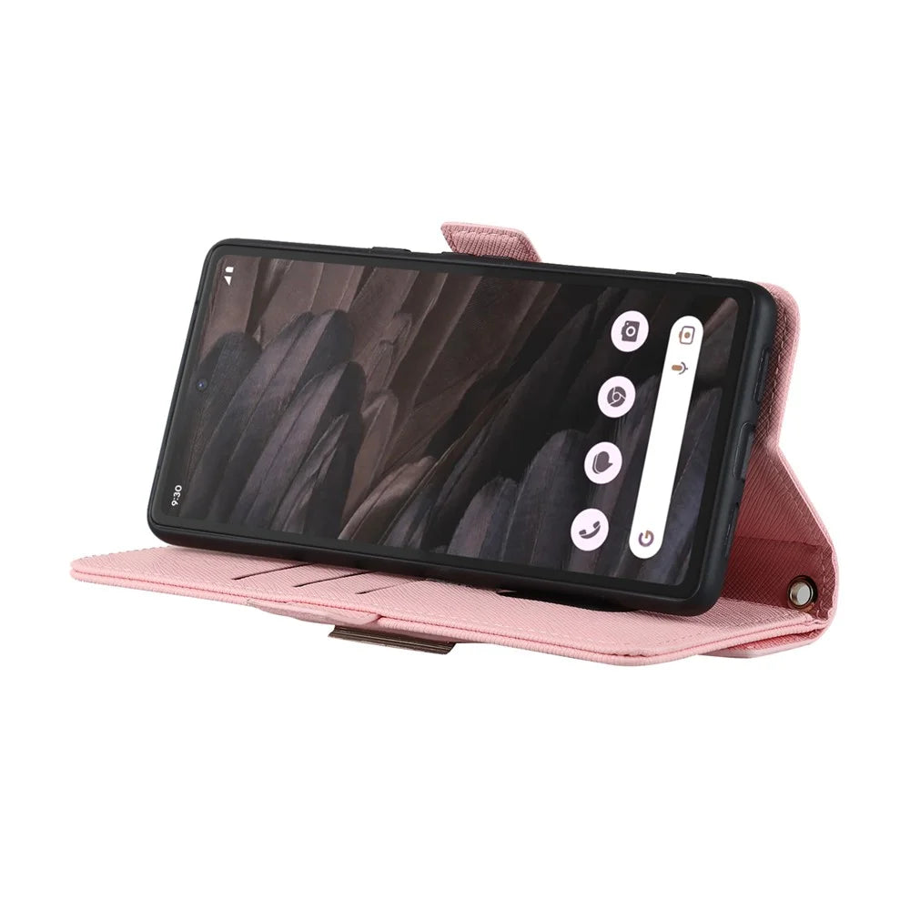 For Google Pixel 7a Stand Case Cross Texture PU Leather Wallet Phone Cover with Shoulder Strap  /  Makeup Mirror - Pink - 4