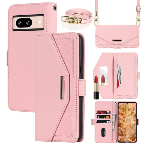 For Google Pixel 8 Stand Case Cross Texture PU Leather Wallet Phone Cover with Shoulder Strap  /  Makeup Mirror - Pink - 1