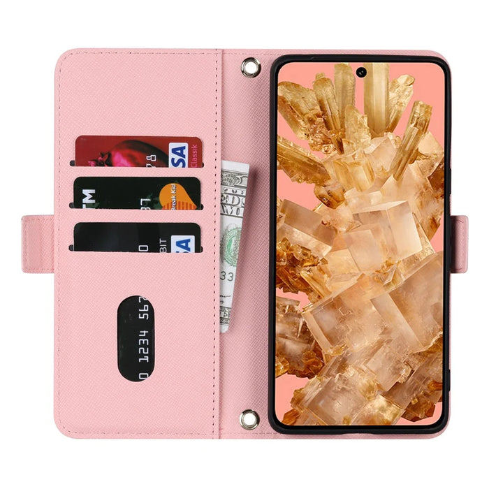 For Google Pixel 8 Stand Case Cross Texture PU Leather Wallet Phone Cover with Shoulder Strap  /  Makeup Mirror - Pink - 2
