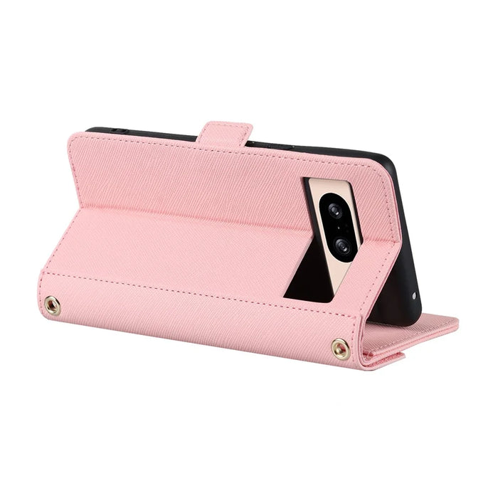 For Google Pixel 8 Stand Case Cross Texture PU Leather Wallet Phone Cover with Shoulder Strap  /  Makeup Mirror - Pink - 3
