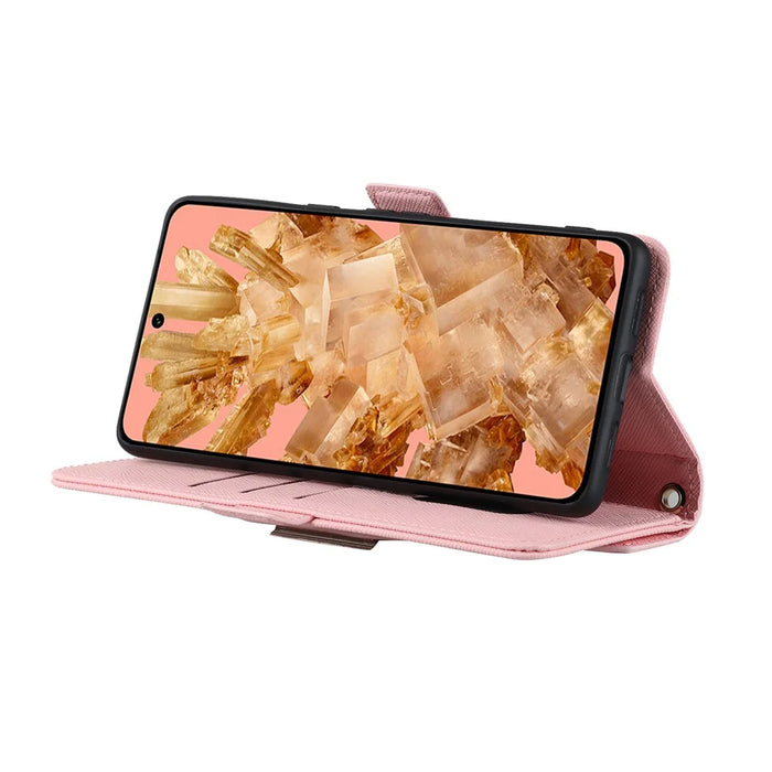 For Google Pixel 8 Stand Case Cross Texture PU Leather Wallet Phone Cover with Shoulder Strap  /  Makeup Mirror - Pink - 4