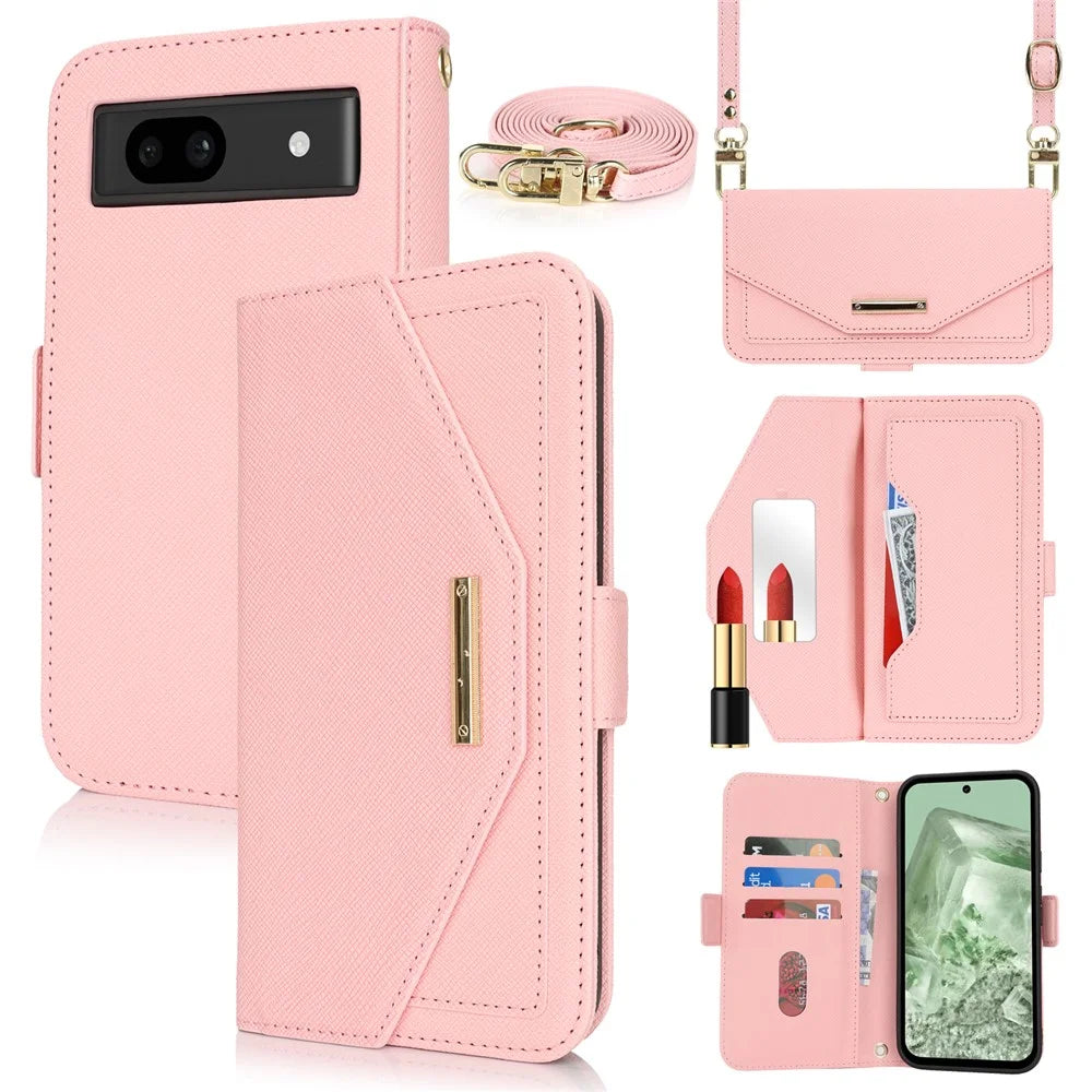 For Google Pixel 8a Stand Case Cross Texture PU Leather Wallet Phone Cover with Shoulder Strap  /  Makeup Mirror - Pink - 1