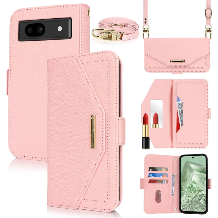 For Google Pixel 8a Stand Case Cross Texture PU Leather Wallet Phone Cover with Shoulder Strap  /  Makeup Mirror - Pink - 1