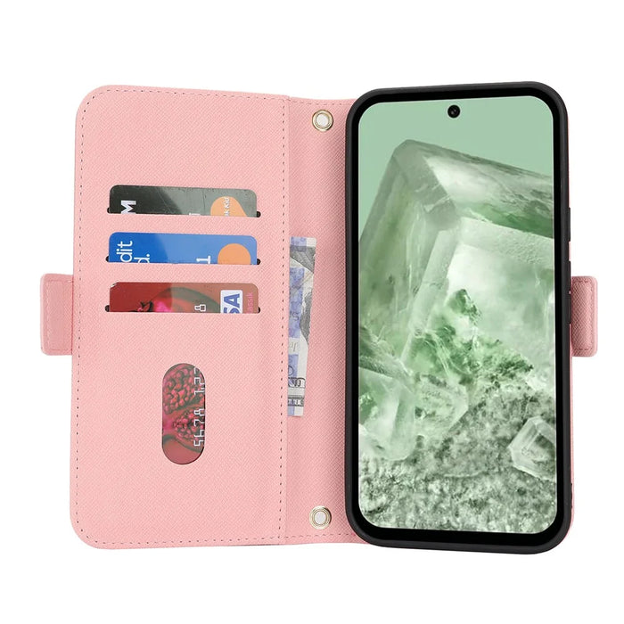 For Google Pixel 8a Stand Case Cross Texture PU Leather Wallet Phone Cover with Shoulder Strap  /  Makeup Mirror - Pink - 2