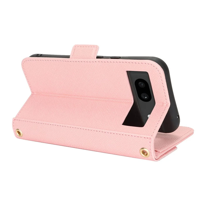 For Google Pixel 8a Stand Case Cross Texture PU Leather Wallet Phone Cover with Shoulder Strap  /  Makeup Mirror - Pink - 4