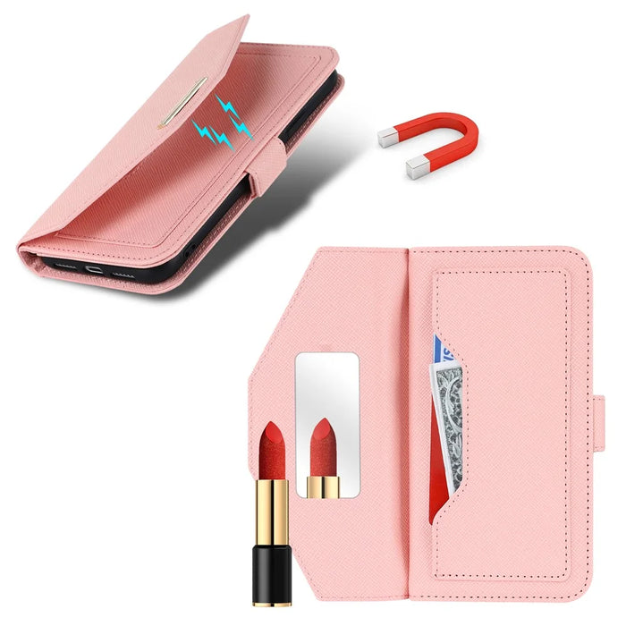 For Google Pixel 8a Stand Case Cross Texture PU Leather Wallet Phone Cover with Shoulder Strap  /  Makeup Mirror - Pink - 6