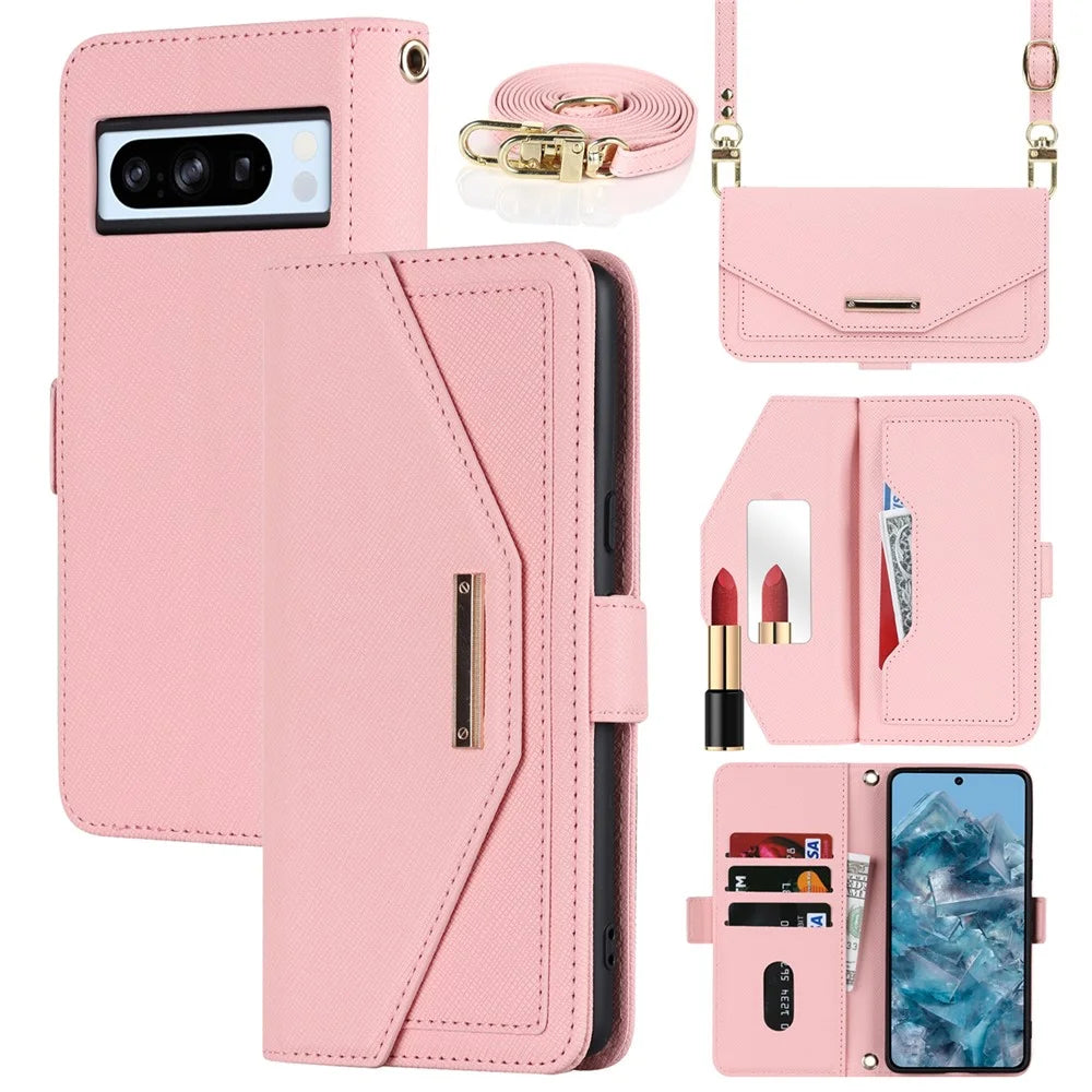For Google Pixel 8 Pro Stand Case Cross Texture PU Leather Wallet Phone Cover with Shoulder Strap  /  Makeup Mirror - Pink - 1