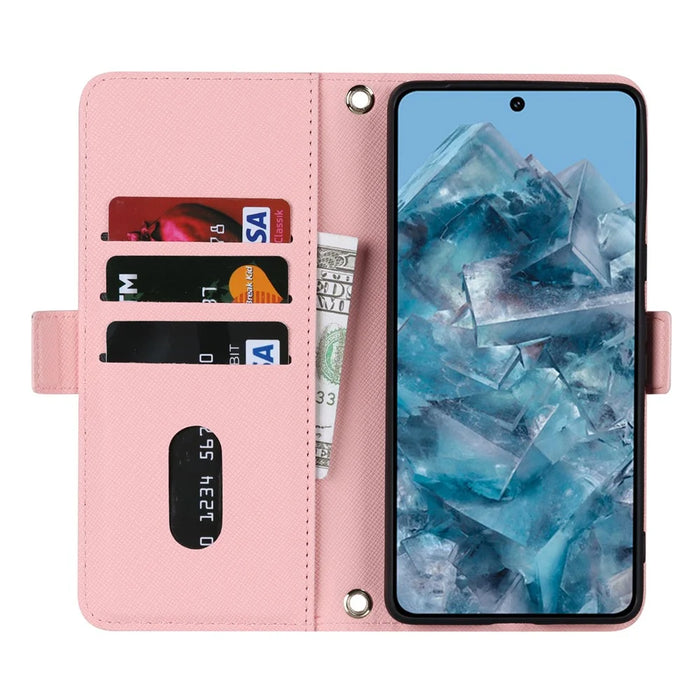 For Google Pixel 8 Pro Stand Case Cross Texture PU Leather Wallet Phone Cover with Shoulder Strap  /  Makeup Mirror - Pink - 2