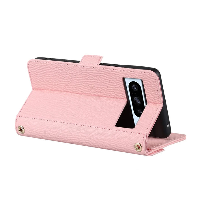 For Google Pixel 8 Pro Stand Case Cross Texture PU Leather Wallet Phone Cover with Shoulder Strap  /  Makeup Mirror - Pink - 3