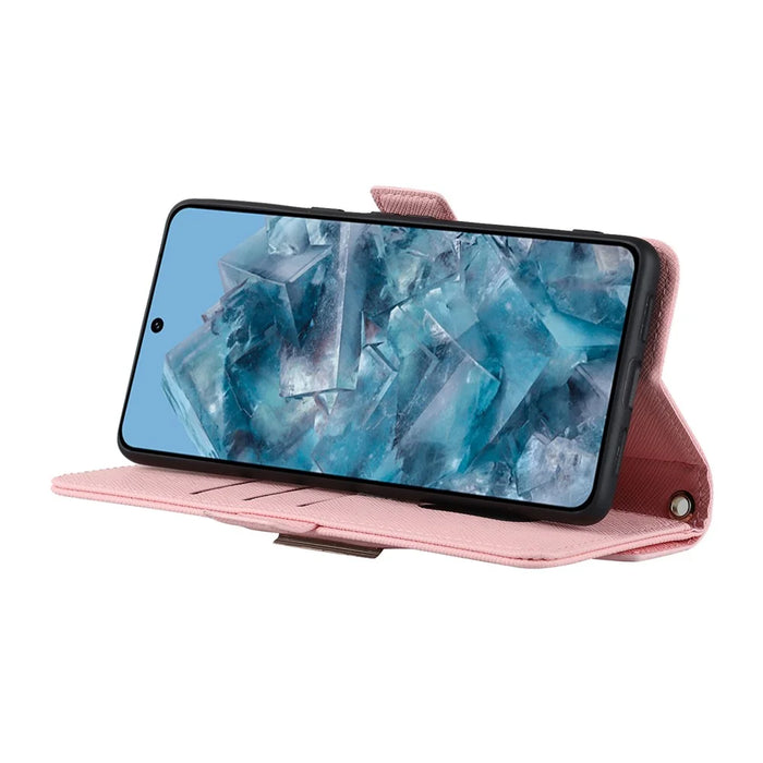 For Google Pixel 8 Pro Stand Case Cross Texture PU Leather Wallet Phone Cover with Shoulder Strap  /  Makeup Mirror - Pink - 4