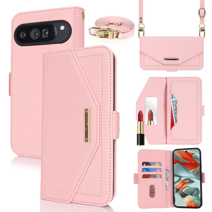 For Google Pixel 9 Pro XL Stand Case Cross Texture PU Leather Wallet Phone Cover with Shoulder Strap  /  Makeup Mirror - Pink - 1