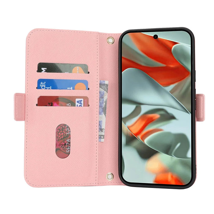 For Google Pixel 9 Pro XL Stand Case Cross Texture PU Leather Wallet Phone Cover with Shoulder Strap  /  Makeup Mirror - Pink - 2