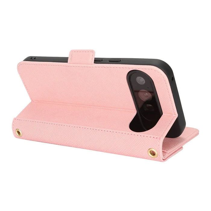For Google Pixel 9 Pro XL Stand Case Cross Texture PU Leather Wallet Phone Cover with Shoulder Strap  /  Makeup Mirror - Pink - 3