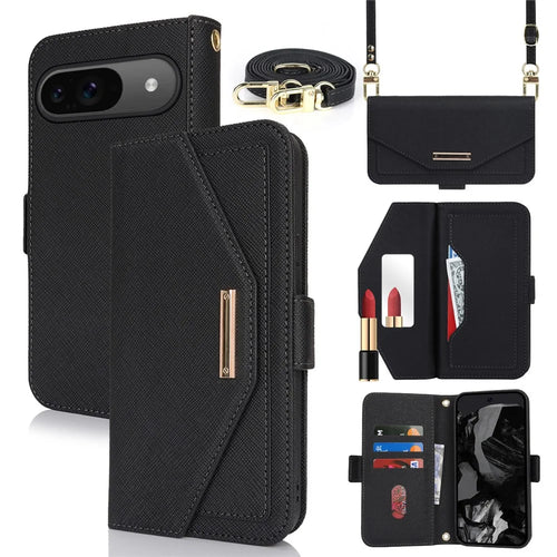 For Google Pixel 9 / 9 Pro Stand Case Cross Texture PU Leather Wallet Phone Cover with Shoulder Strap  /  Makeup Mirror - Black - 1