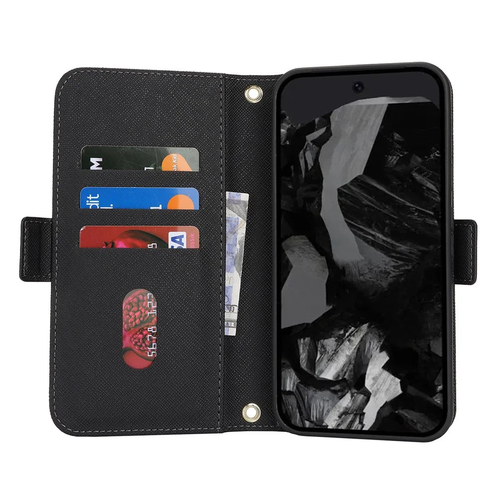 For Google Pixel 9 / 9 Pro Stand Case Cross Texture PU Leather Wallet Phone Cover with Shoulder Strap  /  Makeup Mirror - Black - 2