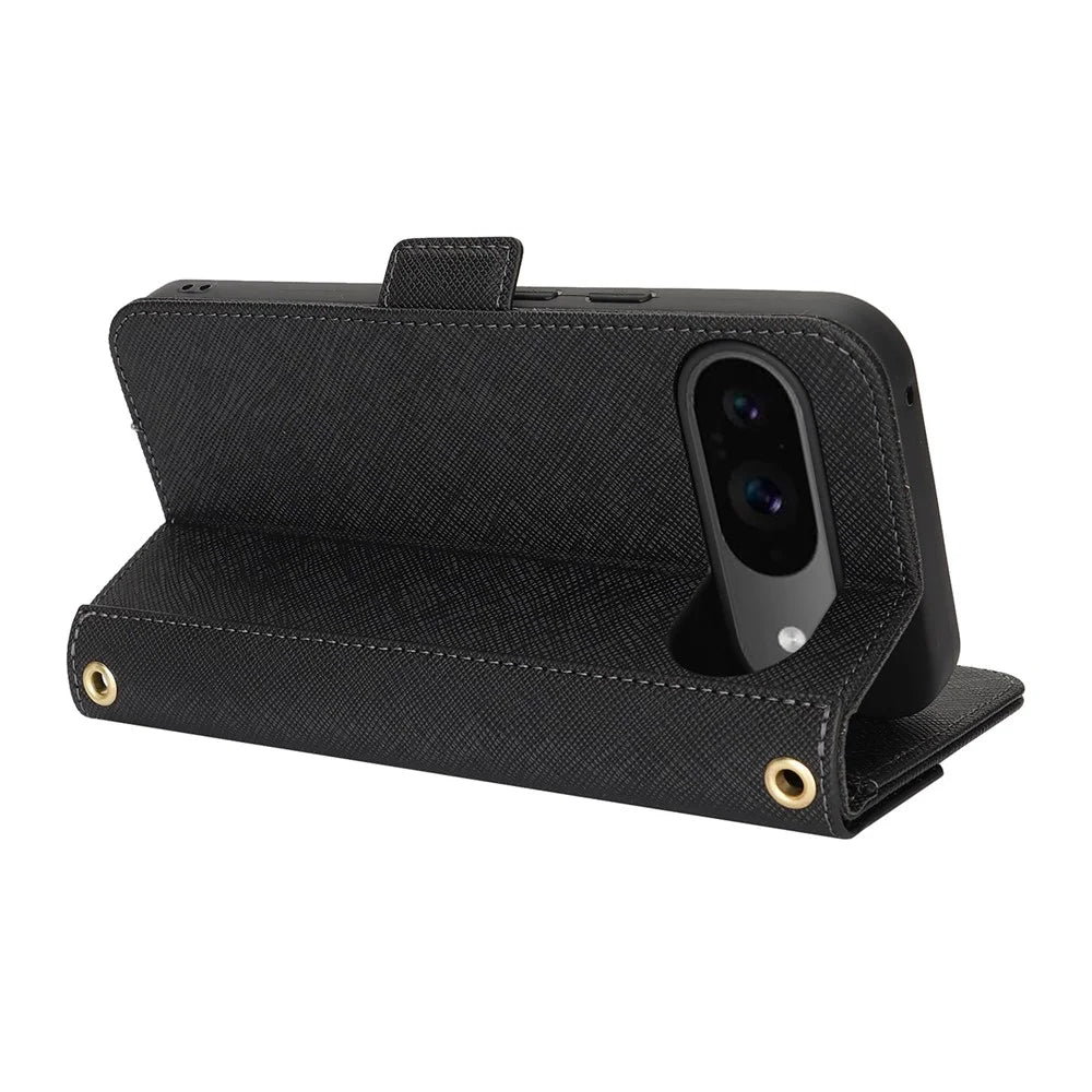 For Google Pixel 9 / 9 Pro Stand Case Cross Texture PU Leather Wallet Phone Cover with Shoulder Strap  /  Makeup Mirror - Black - 3