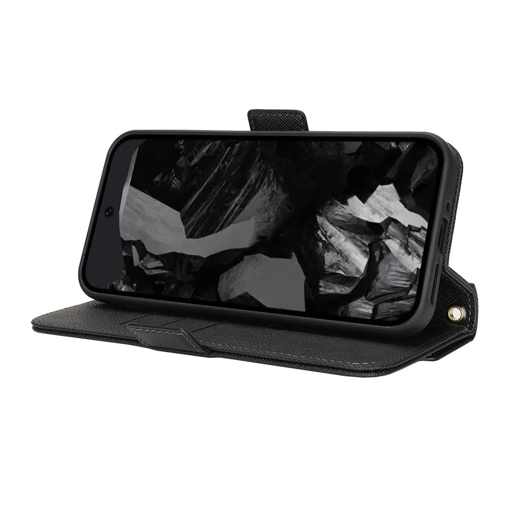 For Google Pixel 9 / 9 Pro Stand Case Cross Texture PU Leather Wallet Phone Cover with Shoulder Strap  /  Makeup Mirror - Black - 4