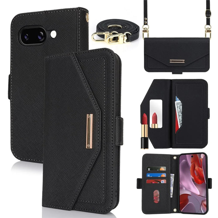 For Google Pixel 9a Stand Case Cross Texture PU Leather Wallet Phone Cover with Shoulder Strap  /  Makeup Mirror - Black - 1