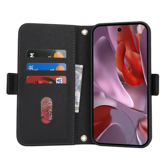 For Google Pixel 9a Stand Case Cross Texture PU Leather Wallet Phone Cover with Shoulder Strap  /  Makeup Mirror - Black - 2