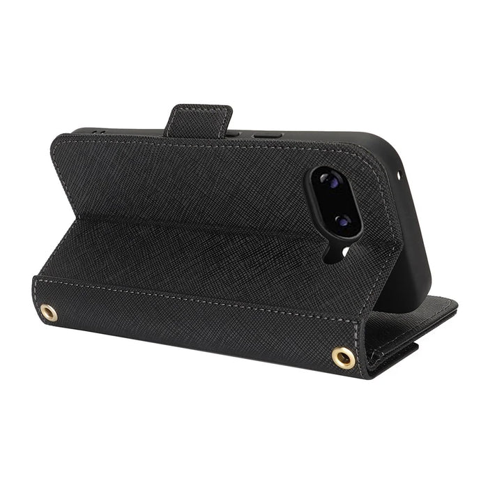 For Google Pixel 9a Stand Case Cross Texture PU Leather Wallet Phone Cover with Shoulder Strap  /  Makeup Mirror - Black - 4