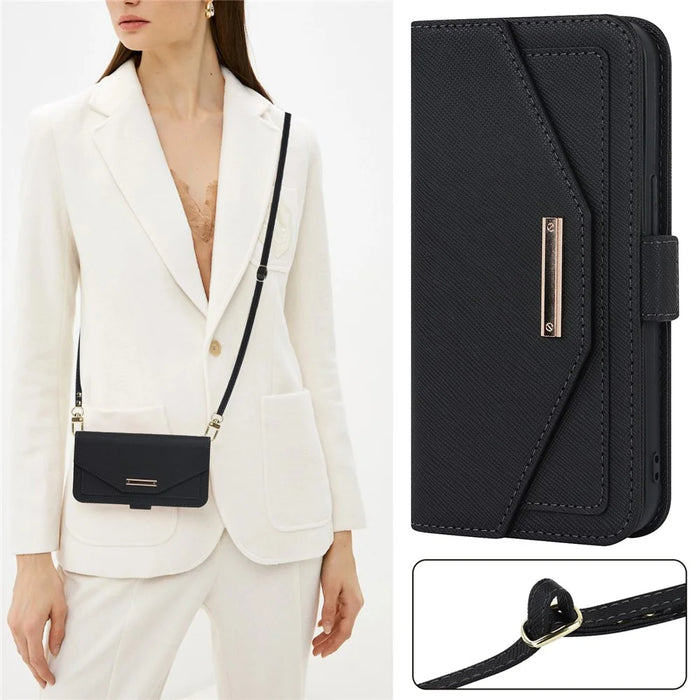 For Google Pixel 9a Stand Case Cross Texture PU Leather Wallet Phone Cover with Shoulder Strap  /  Makeup Mirror - Black - 7