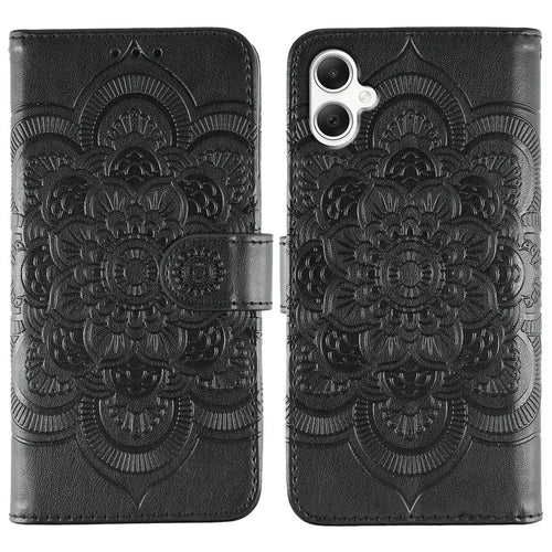 For Samsung Galaxy A05 4G Case PU Leather Mandala Imprinted Design Wallet Phone Cover with Wrist Strap - Black - 1