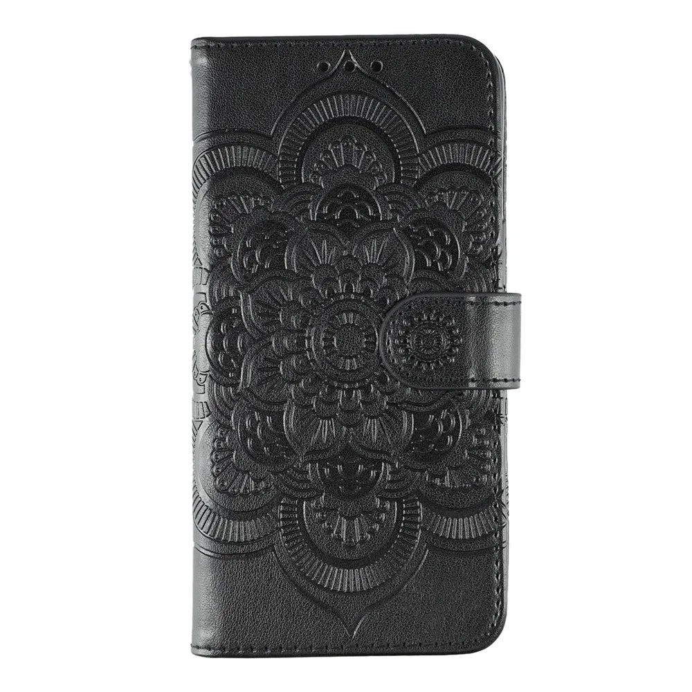For Samsung Galaxy A05 4G Case PU Leather Mandala Imprinted Design Wallet Phone Cover with Wrist Strap - Black - 4