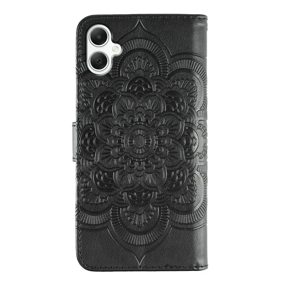 For Samsung Galaxy A05 4G Case PU Leather Mandala Imprinted Design Wallet Phone Cover with Wrist Strap - Black - 5