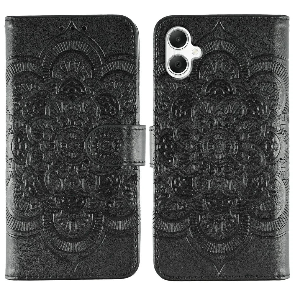 For Samsung Galaxy A08 5G / A08 4G / A07 4G / A06 4G / A06 5G Case PU Leather Mandala Imprinted Design Wallet Phone Cover with Wrist Strap - Black - 1