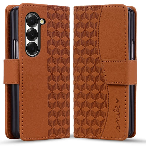 For Samsung Galaxy Z Fold7 5G Case Rhombus Pattern Leather Wallet Phone Cover with Wrist Strap - Brown - 1