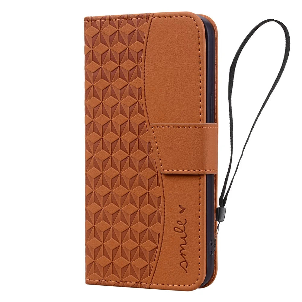 For Samsung Galaxy Z Fold7 5G Case Rhombus Pattern Leather Wallet Phone Cover with Wrist Strap - Brown - 5