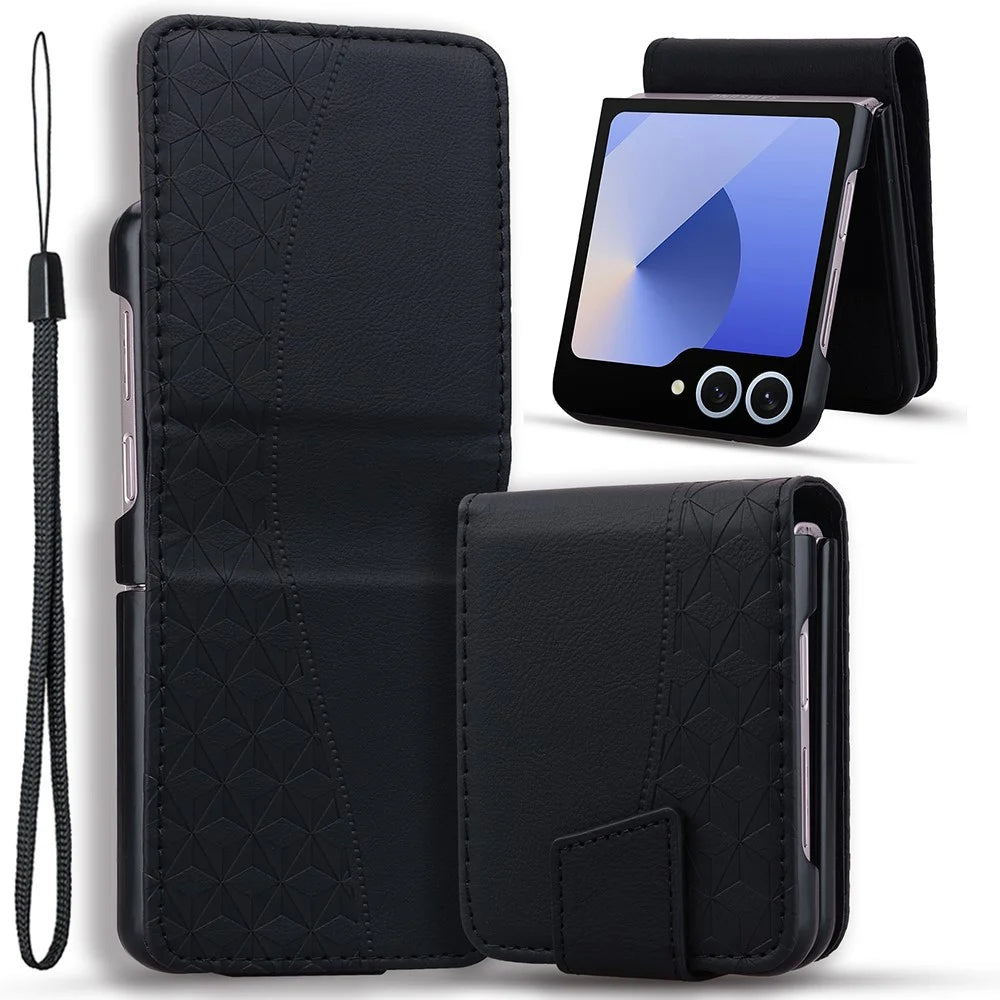 For Samsung Galaxy Z Flip7 5G Case Rhombus Pattern Leather Phone Cover with Wrist Strap - Black - 1