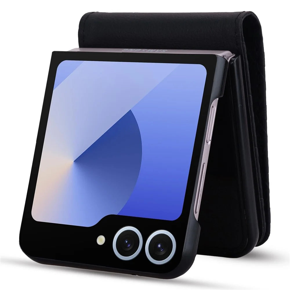 For Samsung Galaxy Z Flip7 5G Case Rhombus Pattern Leather Phone Cover with Wrist Strap - Black - 3