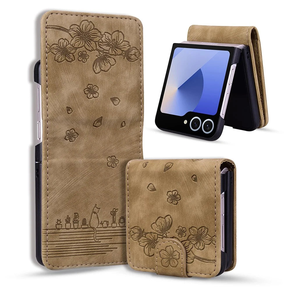 For Samsung Galaxy Z Flip7 5G Case Cherry Blossom Cat Leather Phone Cover with Card Slot - Brown - 1