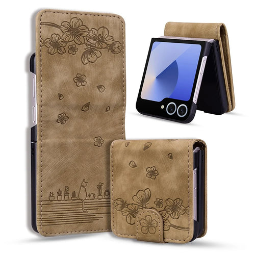 For Samsung Galaxy Z Flip7 5G Case Cherry Blossom Cat Leather Phone Cover with Card Slot - Brown - 1