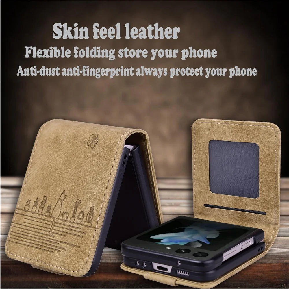 For Samsung Galaxy Z Flip7 5G Case Cherry Blossom Cat Leather Phone Cover with Card Slot - Brown - 7