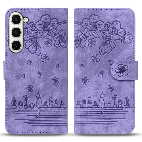 For Samsung Galaxy Z Fold7 5G Case Flip Stand Leather Phone Cover Cherry Blossom Cat Imprinted - Purple - 1