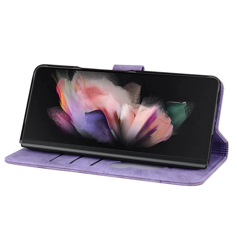 For Samsung Galaxy Z Fold7 5G Case Flip Stand Leather Phone Cover Cherry Blossom Cat Imprinted - Purple - 2
