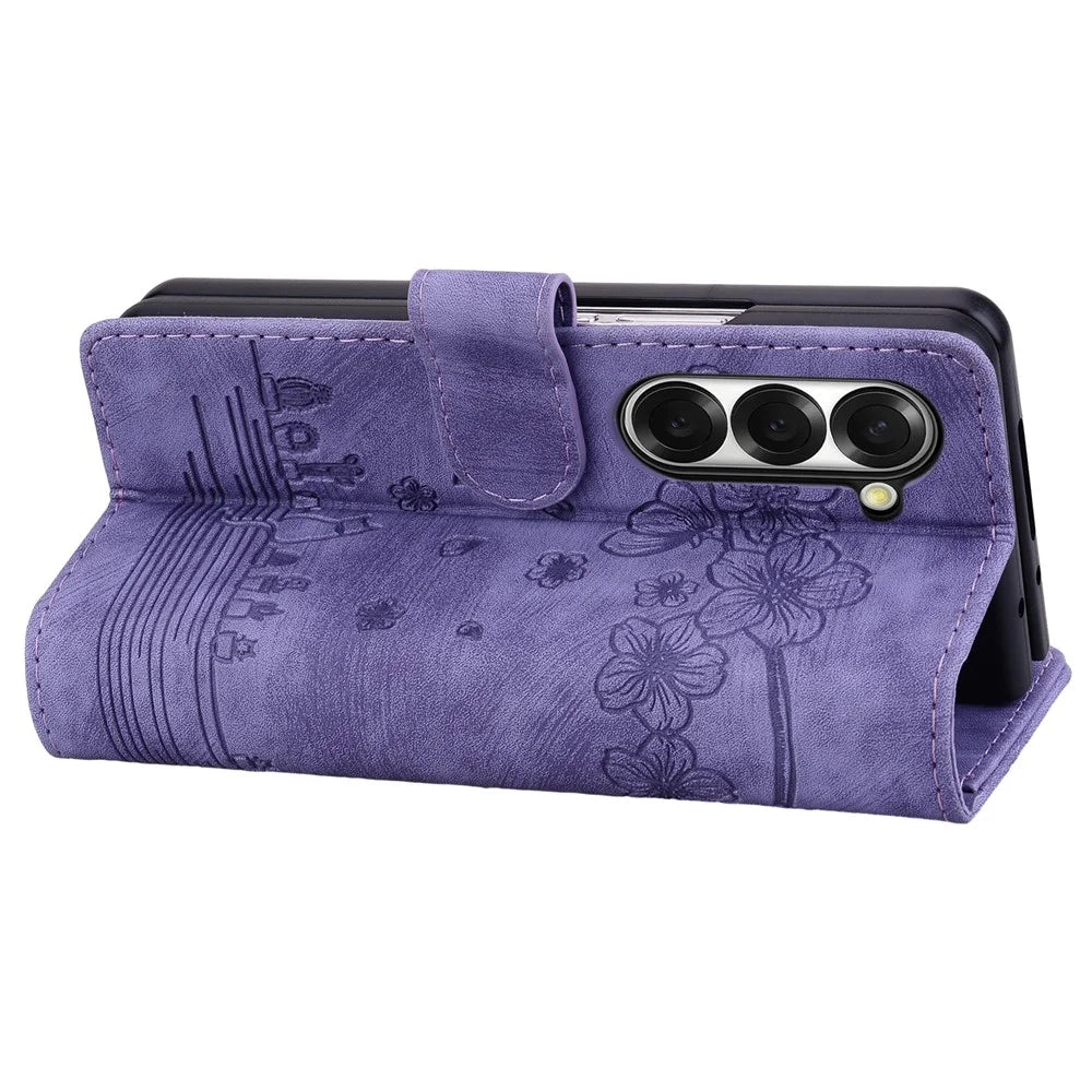 For Samsung Galaxy Z Fold7 5G Case Flip Stand Leather Phone Cover Cherry Blossom Cat Imprinted - Purple - 3