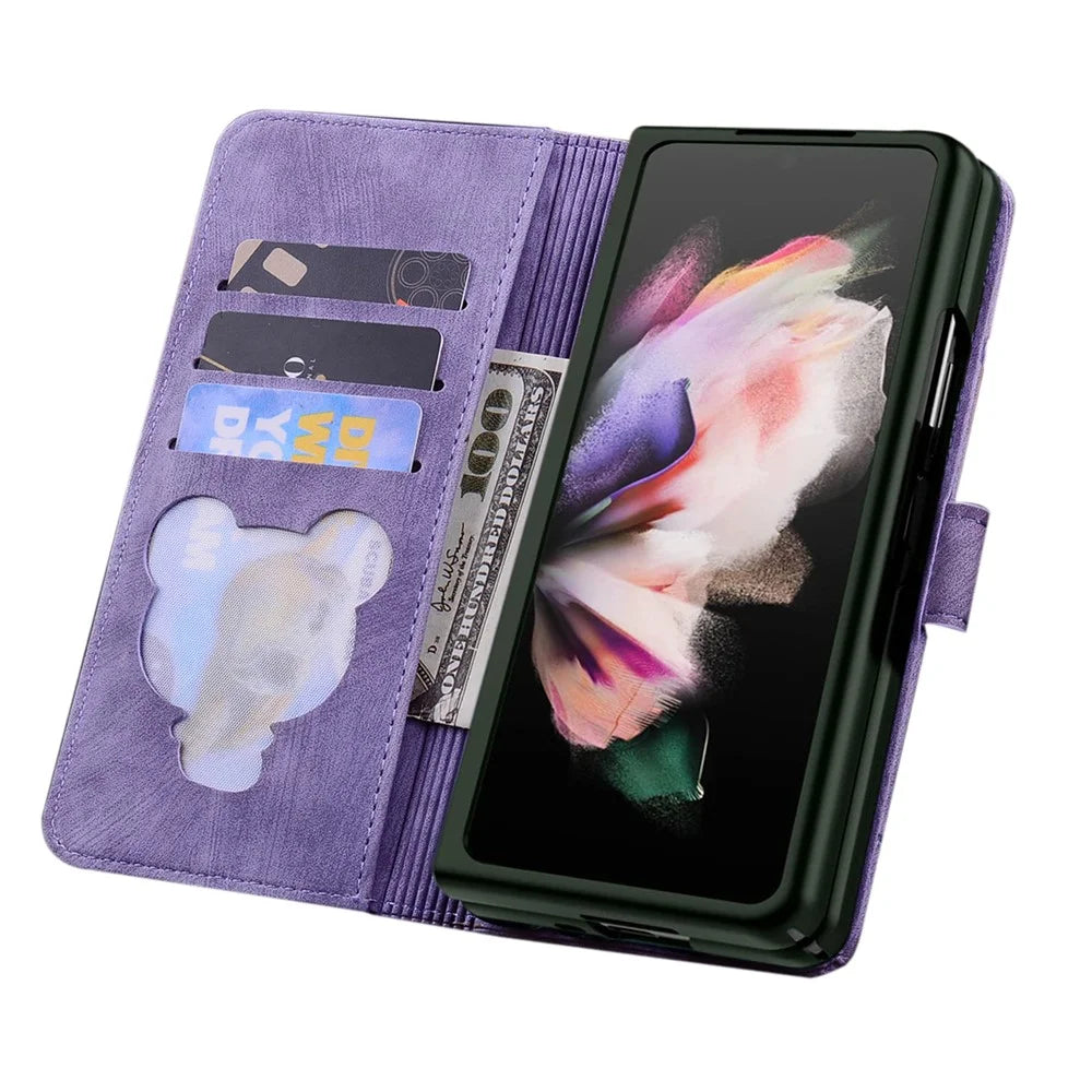 For Samsung Galaxy Z Fold7 5G Case Flip Stand Leather Phone Cover Cherry Blossom Cat Imprinted - Purple - 4
